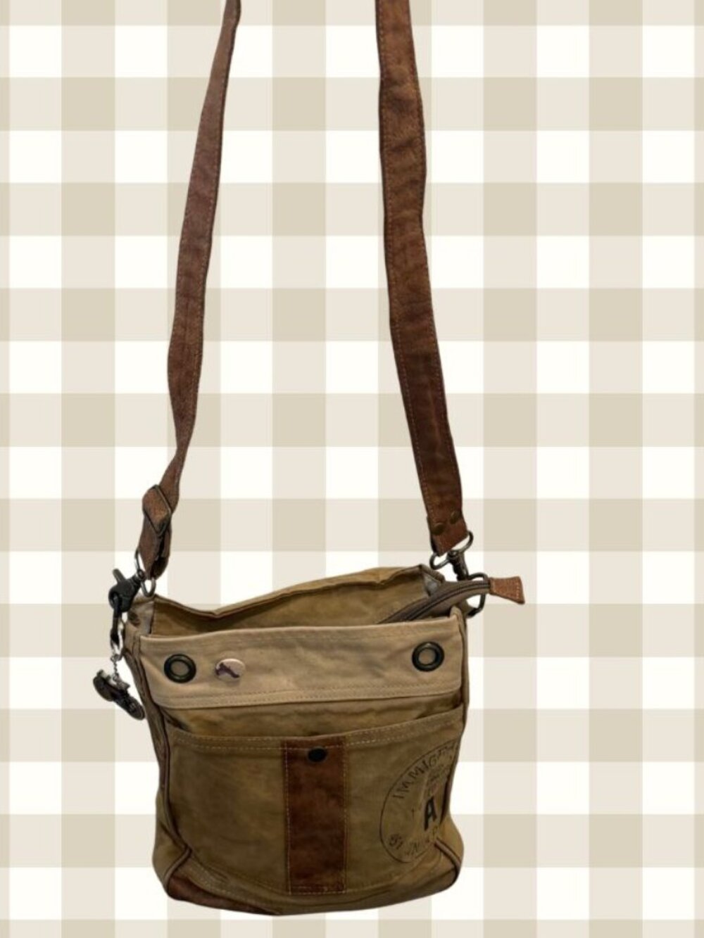 Myra Bag Upcycled Canvas Shoulder Bag Stamped Tan Brown Crossbody Purse 11x14x3